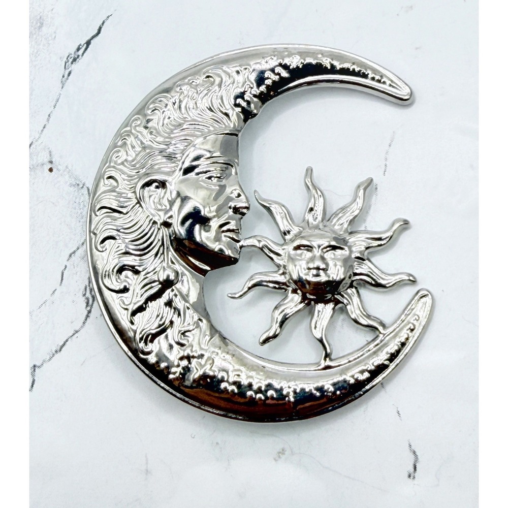Sun and Moon Face Brooch Silver Tone Celestial Crescent Pin 2"